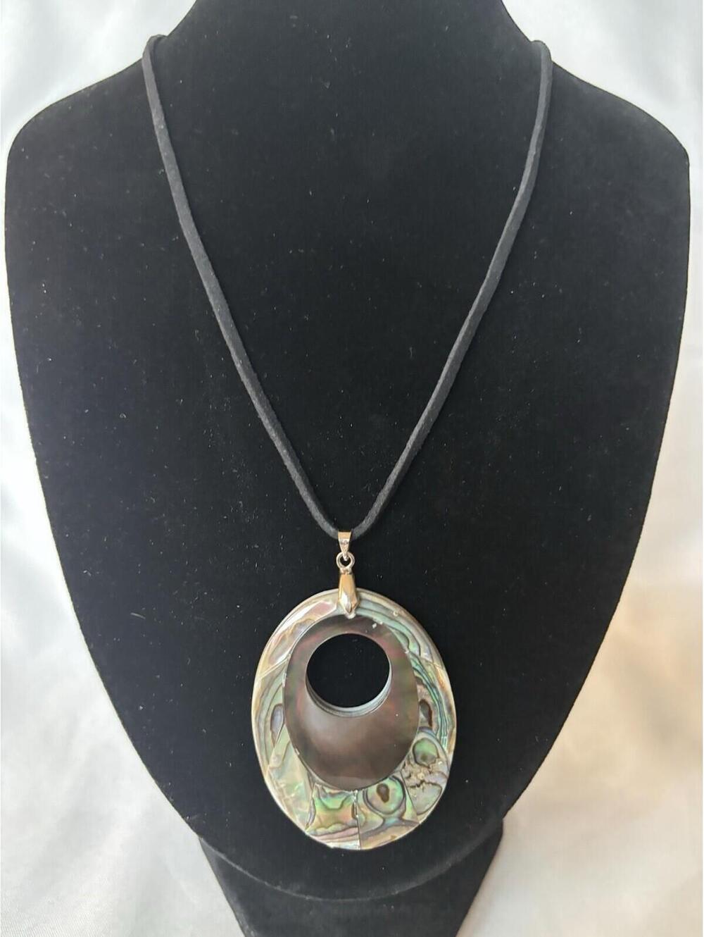 Abalone Shell Pendant Mother of Pearl Inlay Round Cutout Boho Necklace